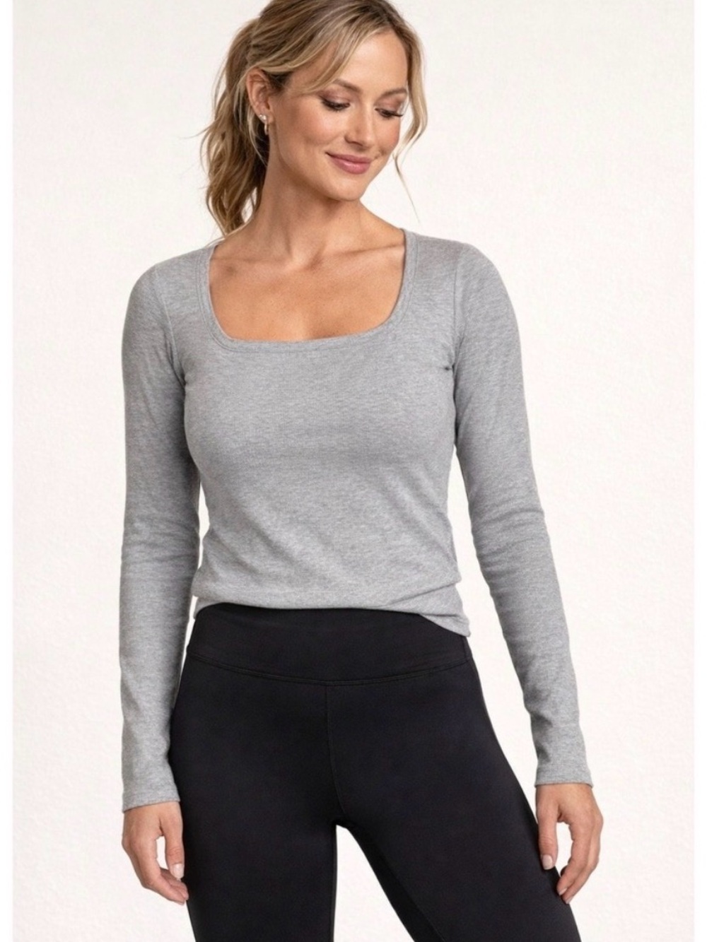 LIKE NEW ATHLETA Signature Ribbed Square Neck Top - Heather Gray